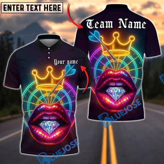 BlueJose Darts Neon Lips Diamond Crown Personalized Name, Team Name Unisex Shirt (4 Colors)