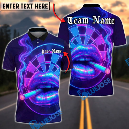 BlueJose Darts Neon Lips Smoke Personalized Name, Team Name Unisex Shirt (4 Colors)