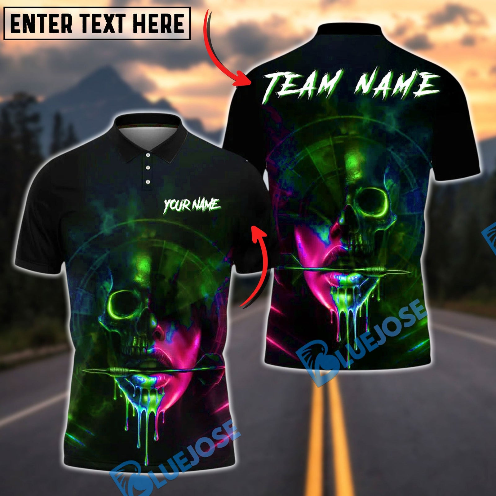 BlueJose Darts Neon Skull Lips Glow Personalized Name, Team Name Unisex Shirt (4 Colors)
