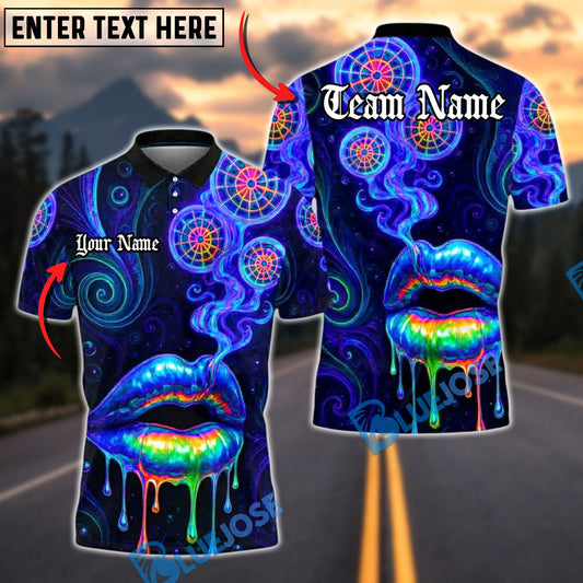 BlueJose Darts Neon Lips Smoke Psychedelic Personalized Name, Team Name Unisex Shirt (4 Colors)