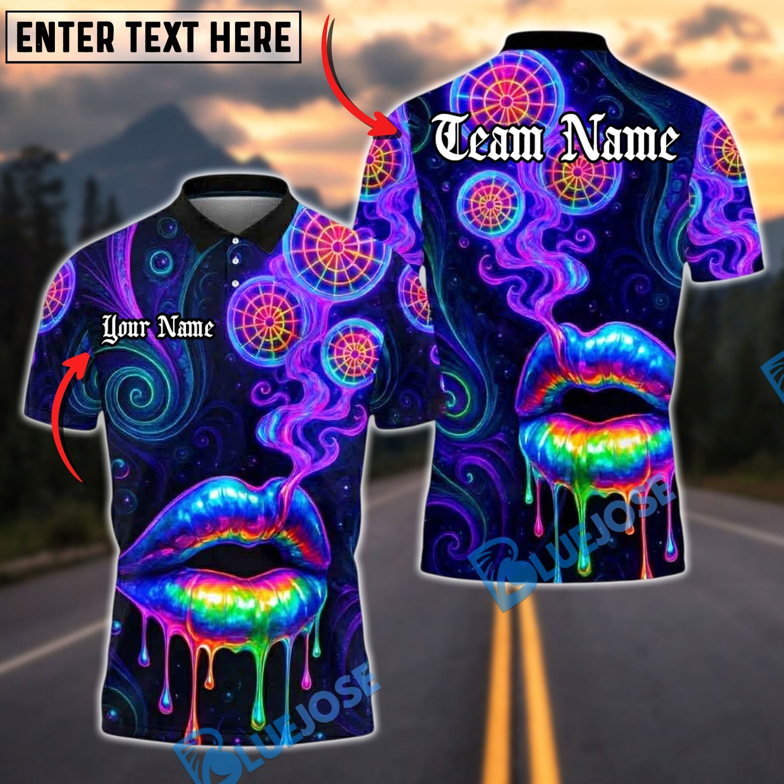 BlueJose Darts Neon Lips Smoke Psychedelic Personalized Name, Team Name Unisex Shirt (4 Colors)