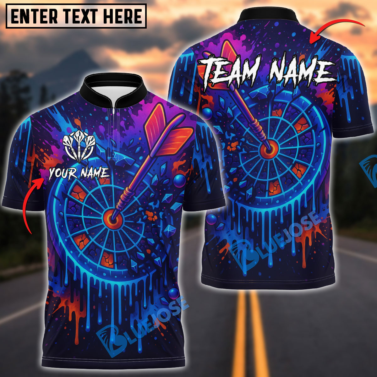 BlueJose Darts Neon Graffiti Dartboard Splash Personalized Name, Team Name Unisex Shirt (4 Colors)