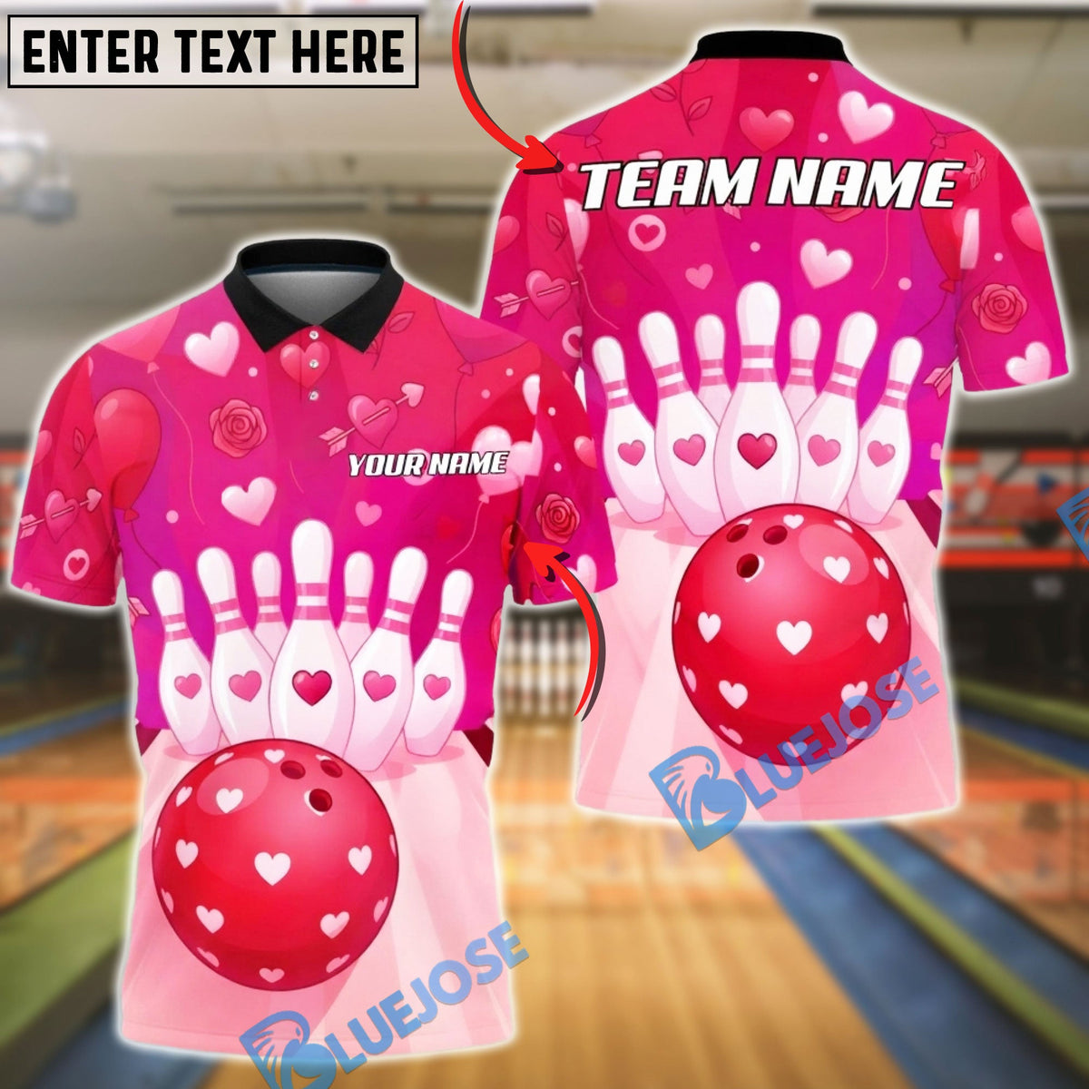 BlueJose Bowling Pink Heart Valentine Theme Design Personalized Name, Team Name 3D Shirt