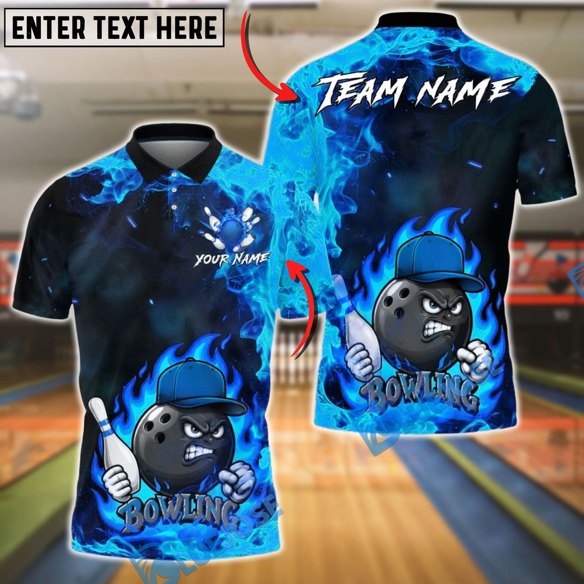 BlueJose Bowling And Pins Flame Ball Cartoon Fire Style Customized Name, Team Name 3D Shirt (4 Colors)