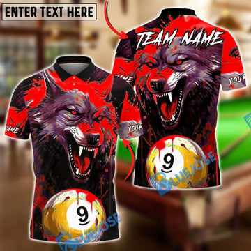 BlueJose Billiards 9-Ball Blood Wolf Design Personalized Name, Team Name Unisex Shirt (4 Colors)