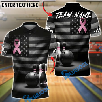 BlueJose Bowling Pink Ribbon USA Flag Cancer Personalized Name, Team Name 3D Shirt
