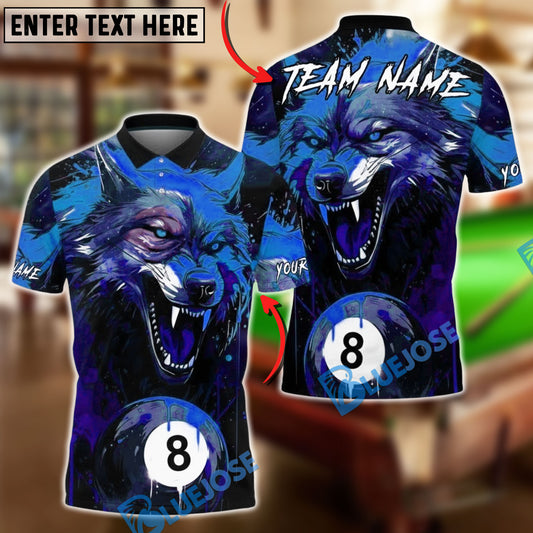BlueJose Billiards 8-Ball Blood Wolf Design Personalized Name, Team Name Unisex Shirt (4 Colors)