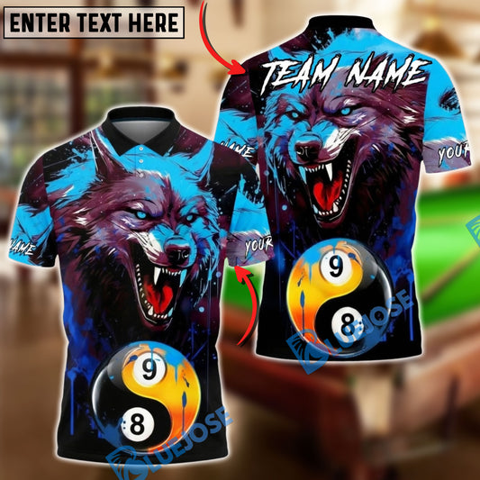 BlueJose Billiards 9-Ball 8 Ball Yin Yang Blood Wolf Design Personalized Name, Team Name Unisex Shirt (4 Colors)