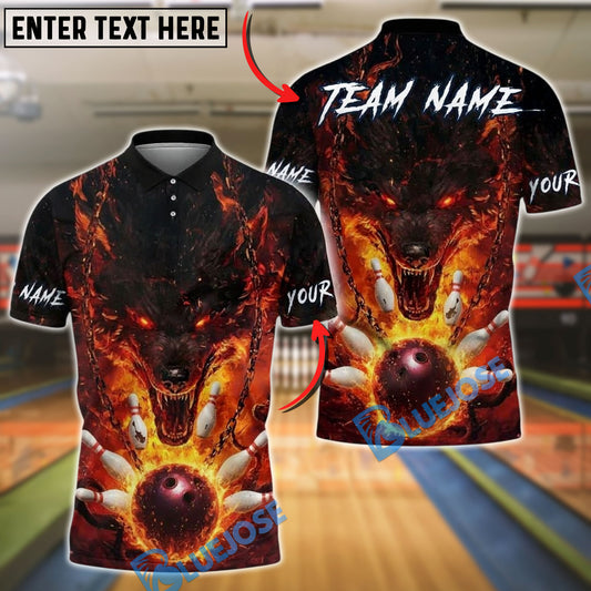 BlueJose Bowling And Pins Flaming Wolf Fire Ball Customized Name, Team Name 3D Shirt (4 Colors)