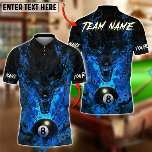 BlueJose Billiards 8 Ball Wolf Fire Inferno Personalized Name, Team Name Unisex Shirt (4 Colors)