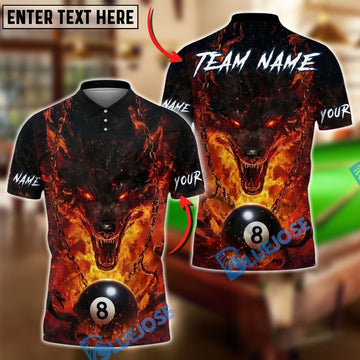 BlueJose Billiards 8 Ball Wolf Fire Inferno Personalized Name, Team Name Unisex Shirt (4 Colors)