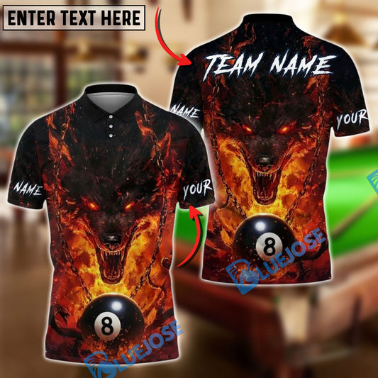 BlueJose Billiards 8 Ball Wolf Fire Inferno Personalized Name, Team Name Unisex Shirt (4 Colors)