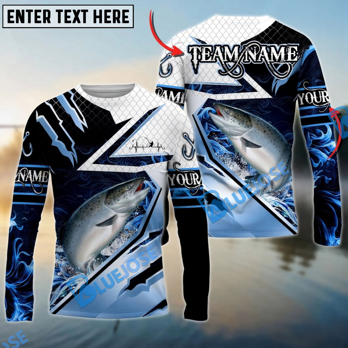 Bluejose Chinook Salmon Fishing Splash Blue Water Hook Scratch Sport Custom Name &amp; Team Name 3D Shirts