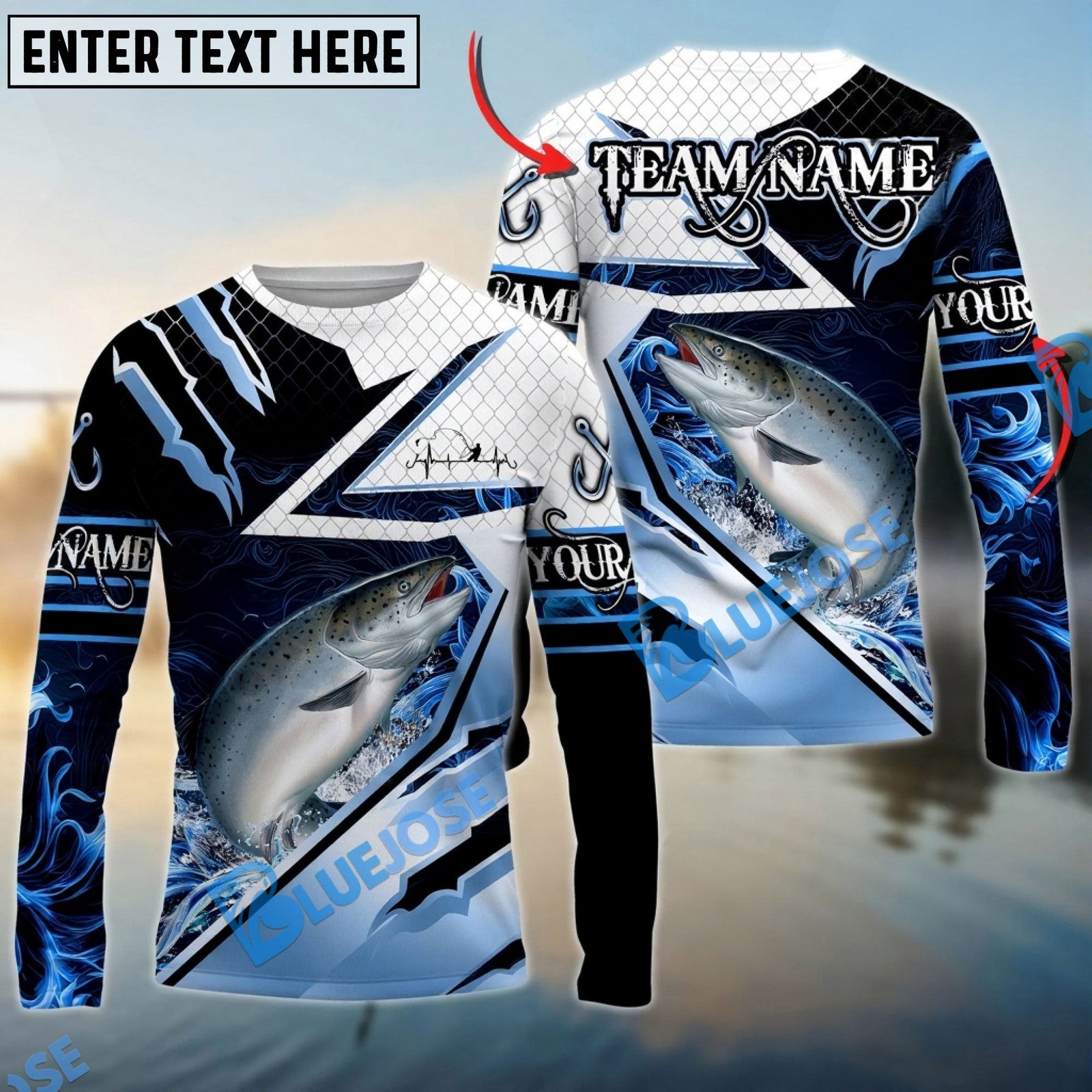 Bluejose Chinook Salmon Fishing Splash Blue Water Hook Scratch Sport Custom Name & Team Name 3D Shirts