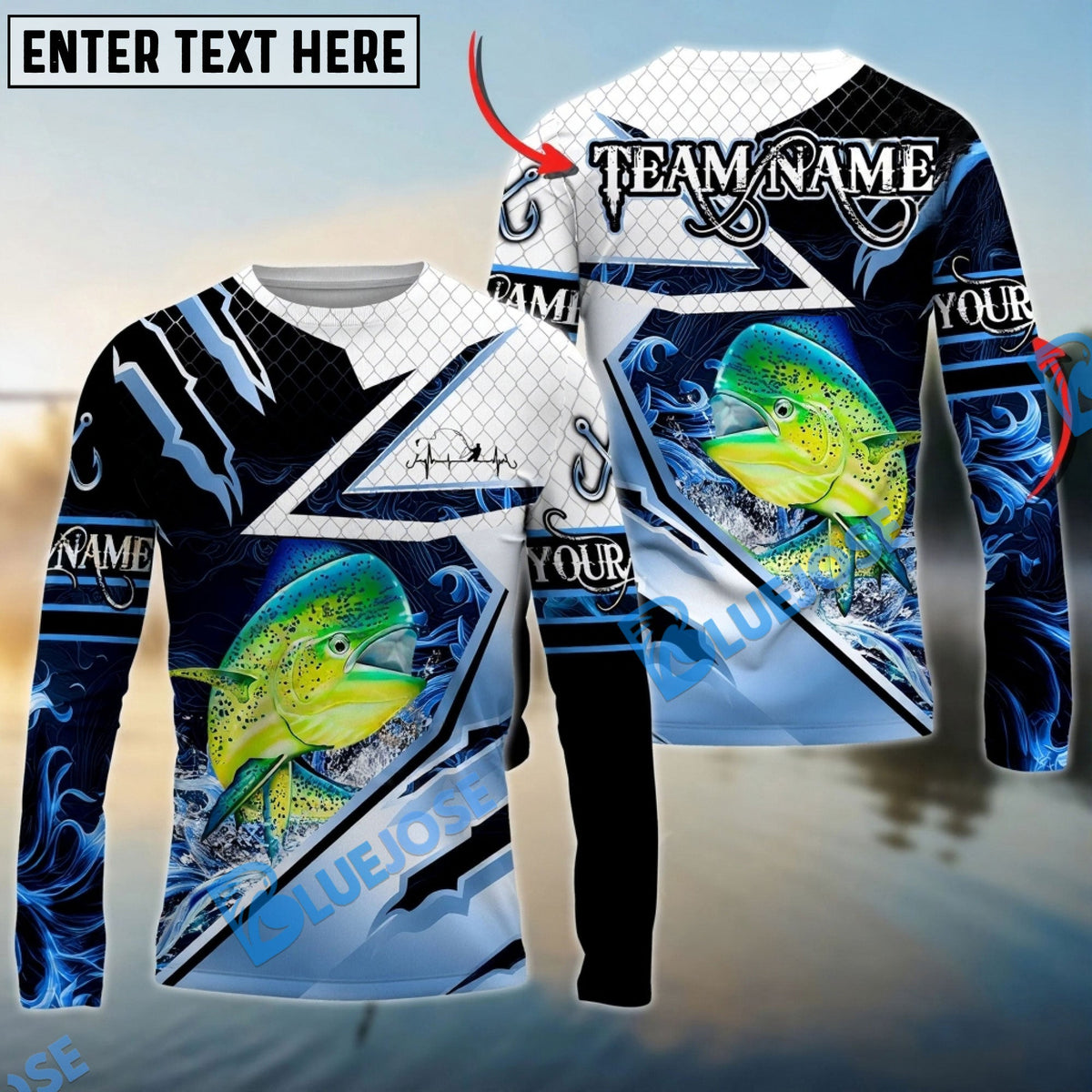 Bluejose Mahi-Mahi Fishing Splash Blue Water Hook Scratch Sport Custom Name &amp; Team Name 3D Shirts