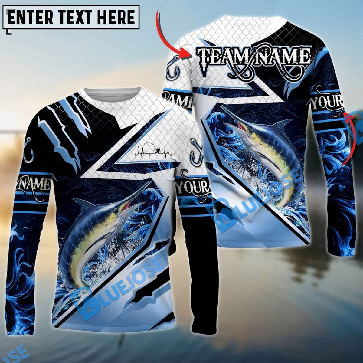 Bluejose Marlin Fishing Splash Blue Water Hook Scratch Sport Custom Name &amp; Team Name 3D Shirts