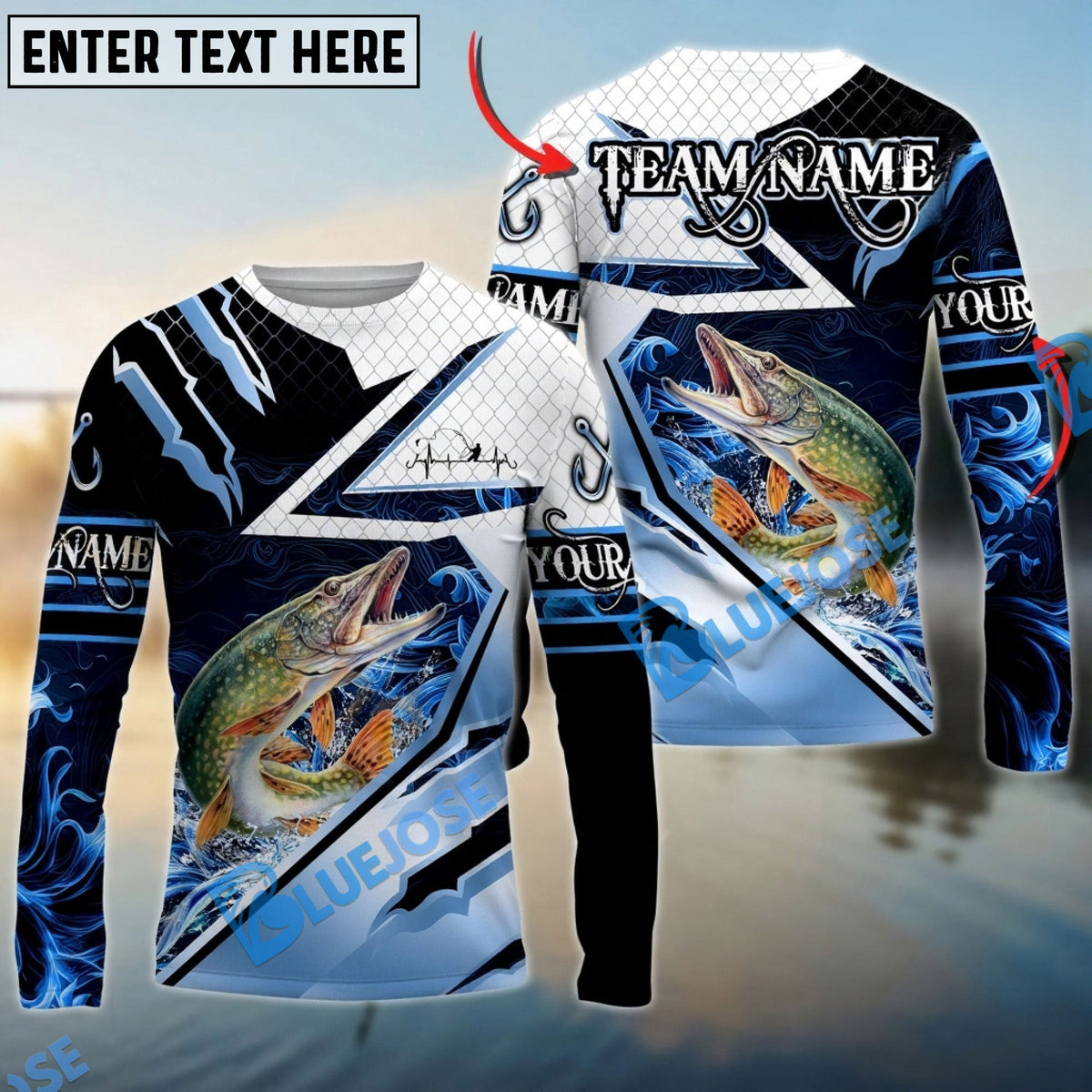 Bluejose Pike Fishing Splash Blue Water Hook Scratch Sport Custom Name &amp; Team Name 3D Shirts