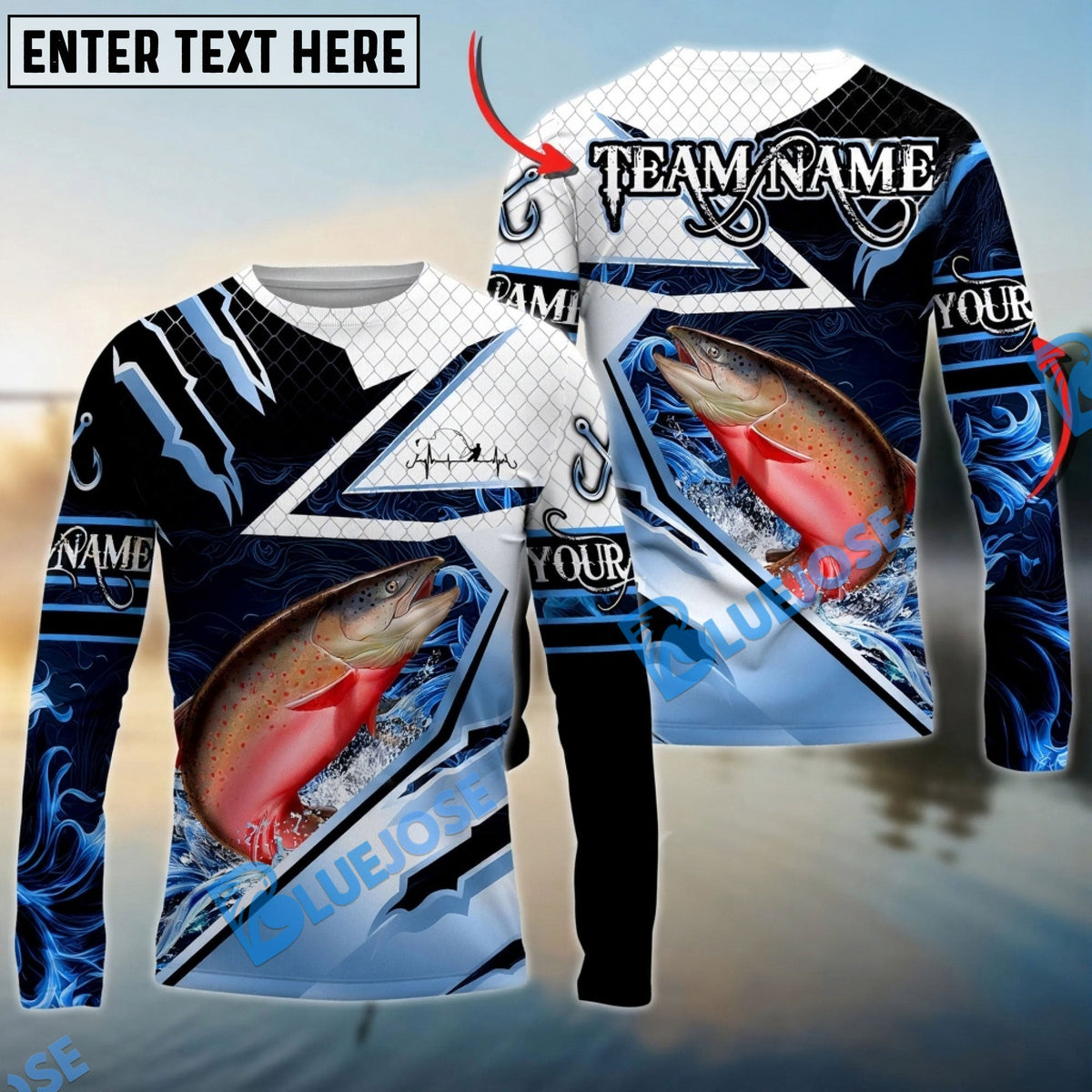 Bluejose Salmon Fishing Splash Blue Water Hook Scratch Sport Custom Name &amp; Team Name 3D Shirts