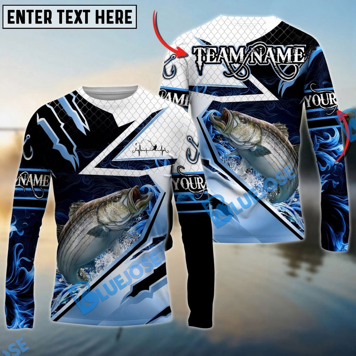 Bluejose Striped Bass Fishing Splash Blue Water Hook Scratch Sport Custom Name &amp; Team Name 3D Shirts