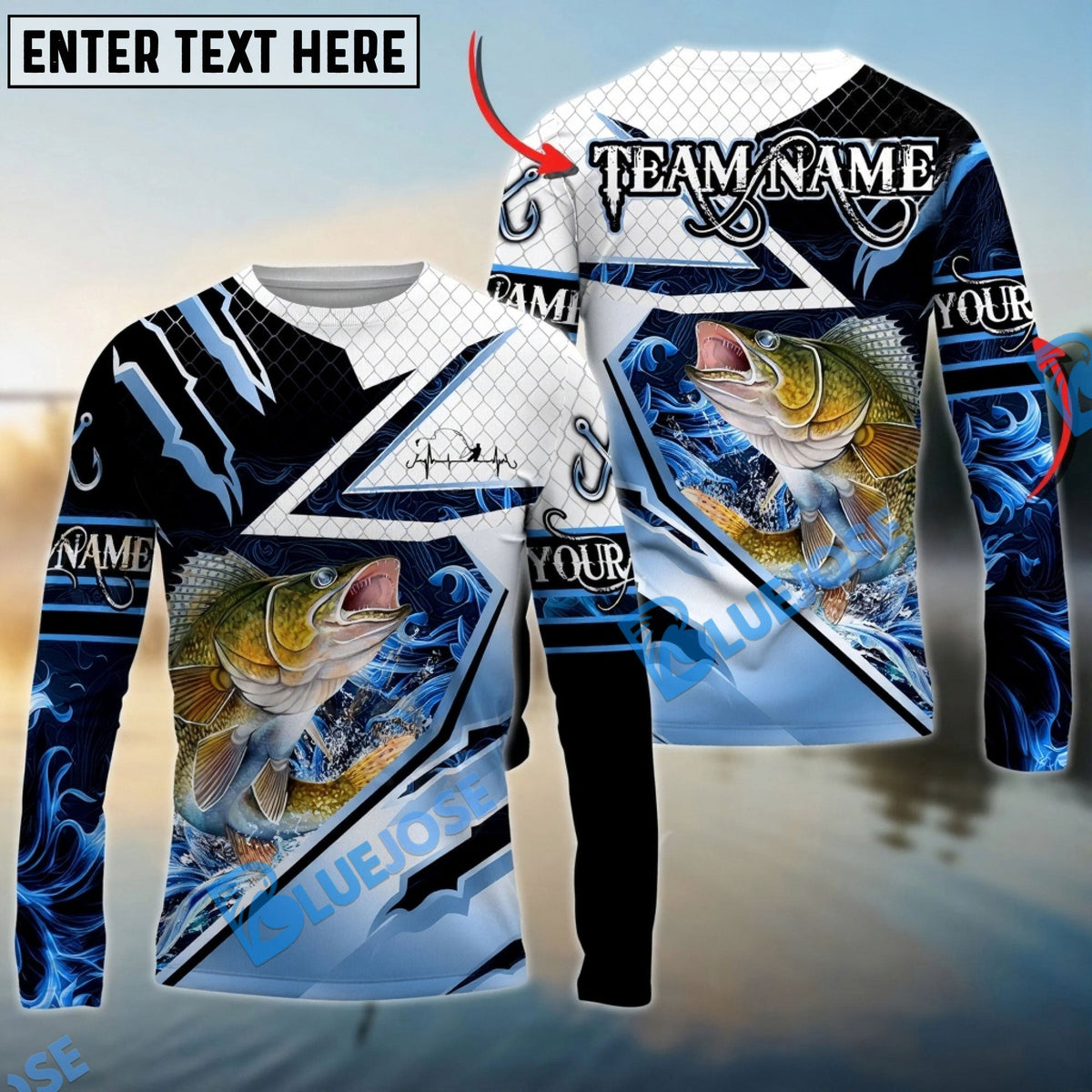 Bluejose Walleye Fishing Splash Blue Water Hook Scratch Sport Custom Name &amp; Team Name 3D Shirts