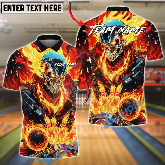 BlueJose Bowling And Pins Flaming Skull Strike Ball Fire Explosion 3D Design Customized Name, Team Name 3D Shirt (4 Colors)