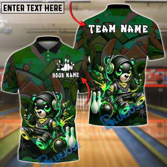 BlueJose Bowling And Pins Neon Cyber Bear Graffiti Style Customized Name, Team Name 3D Shirt (4 Colors)