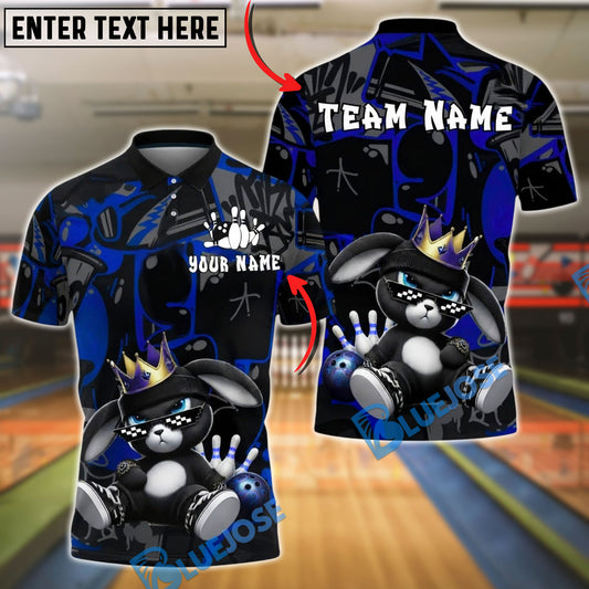 BlueJose Bowling And Pins Cool Bunny King Cartoon Customized Name, Team Name 3D Shirt (4 Colors)
