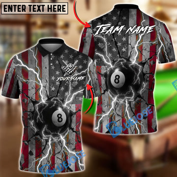 BlueJose Billiards 8-Ball Lightning Crack USA Flag Personalized Name, Team Name Unisex Shirt (6 Colors)
