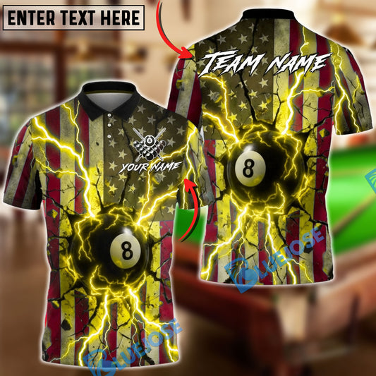 BlueJose Billiards 8-Ball Lightning Crack USA Flag Personalized Name, Team Name Unisex Shirt (6 Colors)