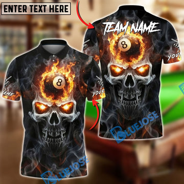 BlueJose Billiards Smoke Fire Skull 8 Ball Design Personalized Name, Team Name Unisex Shirt (4 Colors)