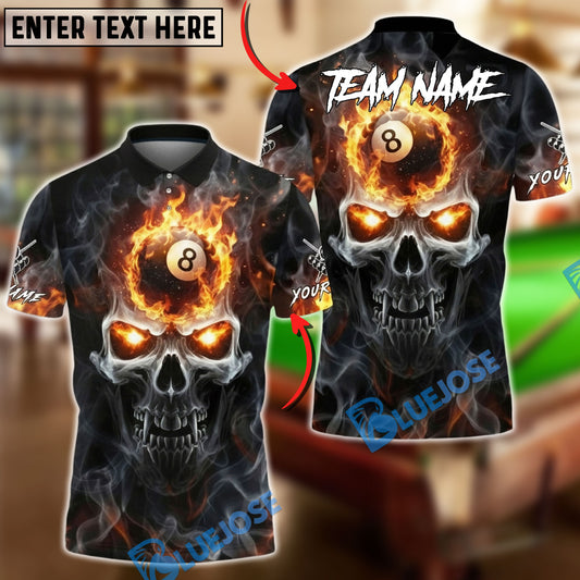 BlueJose Billiards Smoke Fire Skull 8 Ball Design Personalized Name, Team Name Unisex Shirt (4 Colors)