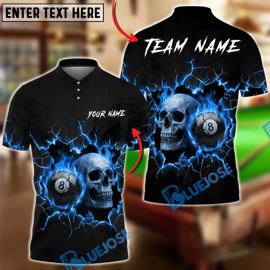 BlueJose Billiards Flaming 8 Ball Skull Black Personalized Name, Team Name Unisex Shirt (4 Colors)
