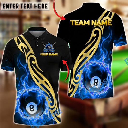BlueJose Billiards 8 Ball Flame Golden Tribal Pattern Personalized Name, Team Name Unisex Shirt (4 Colors)