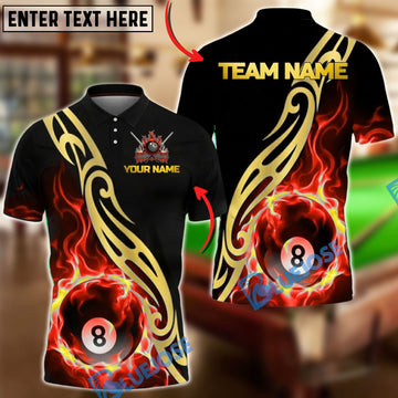 BlueJose Billiards 8 Ball Flame Golden Tribal Pattern Personalized Name, Team Name Unisex Shirt (4 Colors)