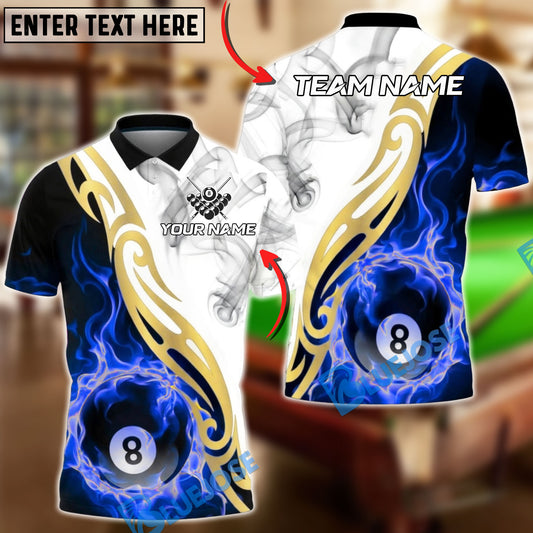 BlueJose Billiards 8 Ball Smoke Fire Gold Tribal Personalized Name, Team Name Unisex Shirt (4 Colors)