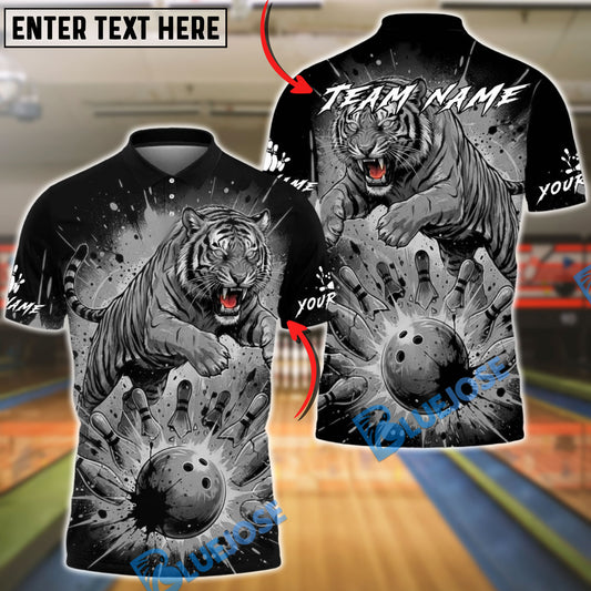 BlueJose Bowling And Pins Leaping Tiger Fire Effect Customized Name, Team Name 3D Shirt (6 Colors)