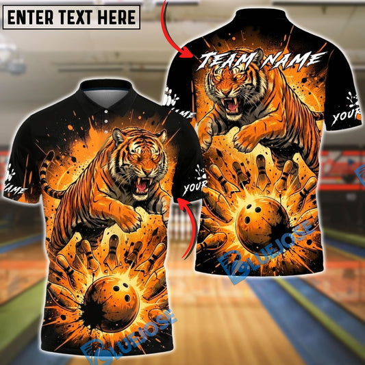 BlueJose Bowling And Pins Leaping Tiger Fire Effect Customized Name, Team Name 3D Shirt (6 Colors)