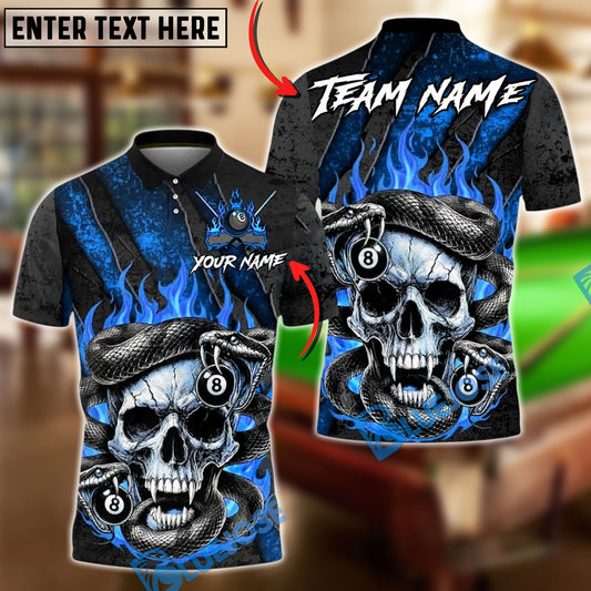 BlueJose Billiards 8 Ball Skull Snake Flame Gothic Fire Personalized Name, Team Name Unisex Shirt (4 Colors)