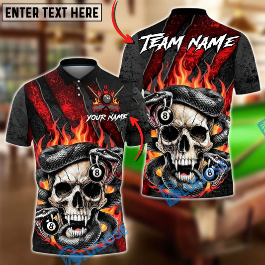 BlueJose Billiards 8 Ball Skull Snake Flame Gothic Fire Personalized Name, Team Name Unisex Shirt (4 Colors)