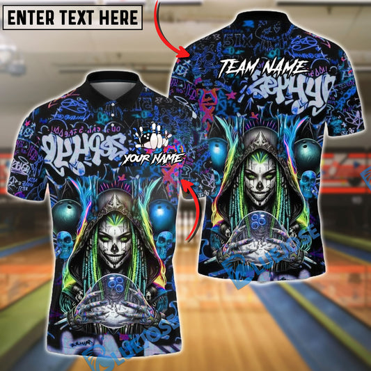 BlueJose Bowling And Pins Reaper Neon Graffiti Skull Girl Customized Name, Team Name 3D Shirt (4 Colors)