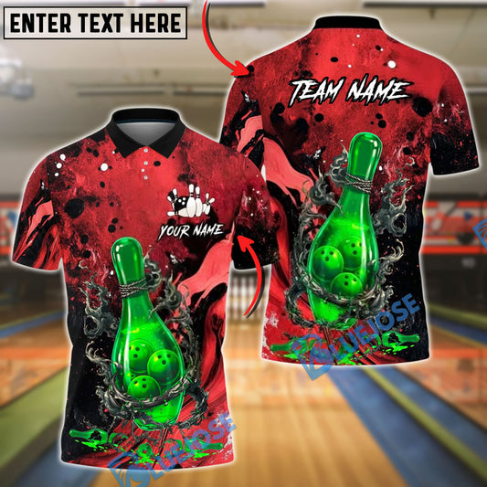 BlueJose Bowling And Pins Bottle Flame Graphic Customized Name, Team Name 3D Shirt (4 Colors)