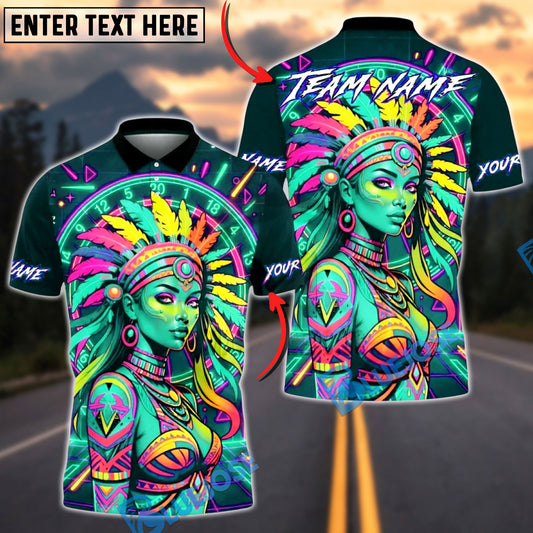 BlueJose Darts Dartboard Neon Native American Woman Colorful Tribal Design Multicolor Options Personalized Name Shirt (4 Colors)