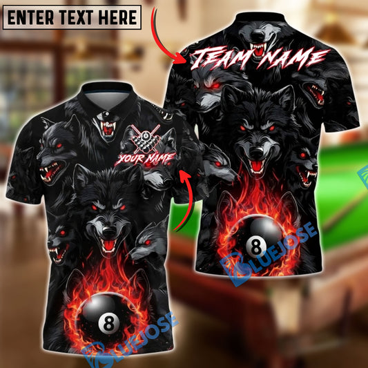 BlueJose Billiards 8 Ball Dark Wolf Pack Flame Personalized Name, Team Name Unisex Shirt (4 Colors)