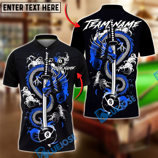 BlueJose Billiards 8 Ball Dragon Sword Personalized Name, Team Name Unisex Shirt (4 Colors)