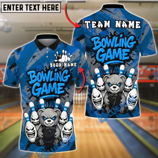BlueJose Bowling And Pins Black Angry Bear Bowling Game Customized Name, Team Name 3D Shirt (4 Colors)