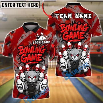 BlueJose Bowling And Pins Black Angry Bear Bowling Game Customized Name, Team Name 3D Shirt (4 Colors)