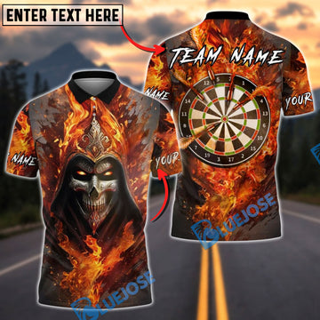 BlueJose Darts Flame Skull Fire Reaper Personalized Name, Team Name Unisex Shirt (4 Colors)