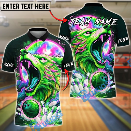 BlueJose Bowling And Pins Neon Cosmic Wolf Customized Name, Team Name 3D Shirt (4 Colors)