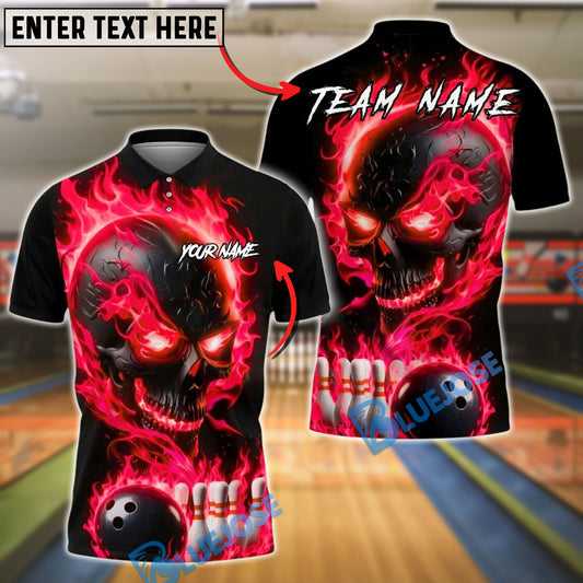 BlueJose Bowling And Pins Flame Skull Fire Pattern Customized Name, Team Name 3D Shirt (4 Colors)