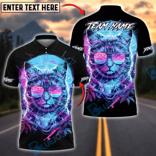 BlueJose Darts Neon Cat Cyberpunk Design Multicolor Options Personalized Name Shirt (4 Colors)